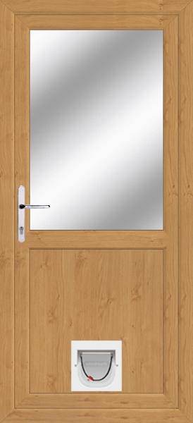 Irish Oak Half Glazed Flat Panel Upvc Doors With Catflaps halfflat-clearpat-catflap-ioak.png